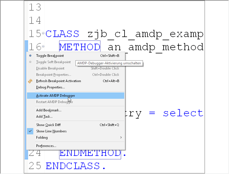 Kontextmenü des AMDP-Debuggers